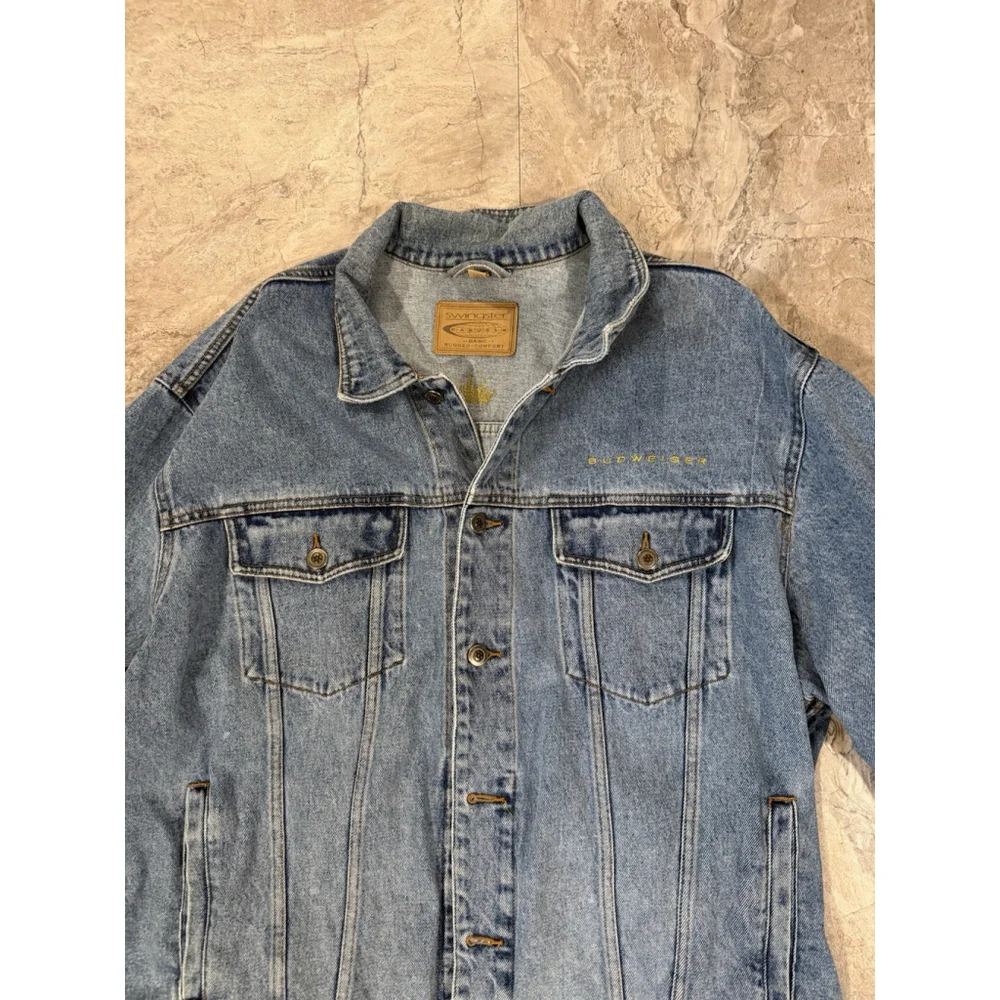 VTG Y2K Budweiser Denim Jacket XL Swinger Casuals Beer Embroidered King Of Beers